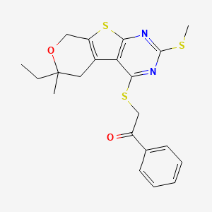 molecular formula C21H22N2O2S3 B14998344 2-[(12-ethyl-12-methyl-5-methylsulfanyl-11-oxa-8-thia-4,6-diazatricyclo[7.4.0.02,7]trideca-1(9),2(7),3,5-tetraen-3-yl)sulfanyl]-1-phenylethanone 