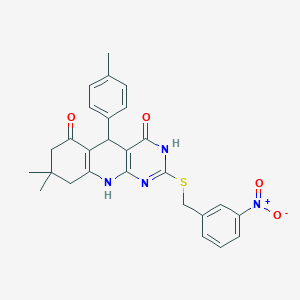 molecular formula C27H26N4O4S B14998447 8,8-dimethyl-5-(4-methylphenyl)-2-[(3-nitrobenzyl)sulfanyl]-5,8,9,10-tetrahydropyrimido[4,5-b]quinoline-4,6(3H,7H)-dione 