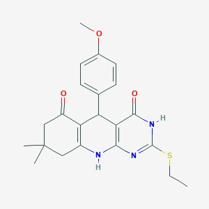 molecular formula C22H25N3O3S B14998639 2-(ethylsulfanyl)-5-(4-methoxyphenyl)-8,8-dimethyl-5,8,9,10-tetrahydropyrimido[4,5-b]quinoline-4,6(3H,7H)-dione 