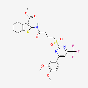 molecular formula C27H28F3N3O7S2 B14998722 Methyl 2-[(4-{[4-(3,4-dimethoxyphenyl)-6-(trifluoromethyl)pyrimidin-2-yl]sulfonyl}butanoyl)amino]-4,5,6,7-tetrahydro-1-benzothiophene-3-carboxylate 