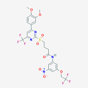 molecular formula C25H22F6N4O8S B14998733 4-{[4-(3,4-dimethoxyphenyl)-6-(trifluoromethyl)pyrimidin-2-yl]sulfonyl}-N-[3-nitro-5-(2,2,2-trifluoroethoxy)phenyl]butanamide 