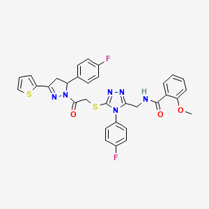 molecular formula C32H26F2N6O3S2 B14999148 N-((4-(4-fluorophenyl)-5-((2-(5-(4-fluorophenyl)-3-(thiophen-2-yl)-4,5-dihydro-1H-pyrazol-1-yl)-2-oxoethyl)thio)-4H-1,2,4-triazol-3-yl)methyl)-2-methoxybenzamide 