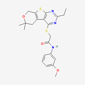 molecular formula C22H25N3O3S2 B14999166 2-[(5-ethyl-12,12-dimethyl-11-oxa-8-thia-4,6-diazatricyclo[7.4.0.02,7]trideca-1(9),2(7),3,5-tetraen-3-yl)sulfanyl]-N-(3-methoxyphenyl)acetamide 