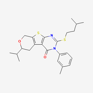 molecular formula C24H30N2O2S2 B15000001 5-(3-methylbutylsulfanyl)-4-(3-methylphenyl)-12-propan-2-yl-11-oxa-8-thia-4,6-diazatricyclo[7.4.0.02,7]trideca-1(9),2(7),5-trien-3-one 