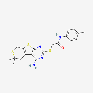 molecular formula C20H22N4OS3 B15000032 2-[(3-amino-12,12-dimethyl-8,11-dithia-4,6-diazatricyclo[7.4.0.02,7]trideca-1(9),2,4,6-tetraen-5-yl)sulfanyl]-N-(4-methylphenyl)acetamide 