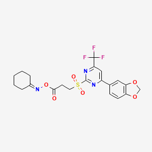 molecular formula C21H20F3N3O6S B15000412 3-{[4-(1,3-Benzodioxol-5-yl)-6-(trifluoromethyl)pyrimidin-2-yl]sulfonyl}-1-[(cyclohexylideneamino)oxy]propan-1-one 