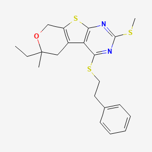 molecular formula C21H24N2OS3 B15000495 12-ethyl-12-methyl-5-methylsulfanyl-3-(2-phenylethylsulfanyl)-11-oxa-8-thia-4,6-diazatricyclo[7.4.0.02,7]trideca-1(9),2(7),3,5-tetraene 