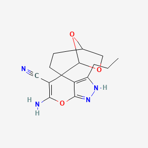 molecular formula C15H18N4O3 B15000740 6'-Amino-3'-propyl-2'H-7,8-dioxaspiro[bicyclo[3.2.1]octane-2,4'-pyrano[2,3-C]pyrazole]-5'-carbonitrile 