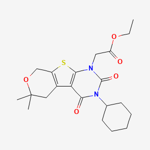 molecular formula C21H28N2O5S B15000812 ethyl 2-(4-cyclohexyl-12,12-dimethyl-3,5-dioxo-11-oxa-8-thia-4,6-diazatricyclo[7.4.0.02,7]trideca-1(9),2(7)-dien-6-yl)acetate 