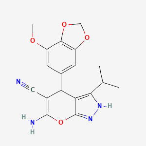 molecular formula C18H18N4O4 B15001472 6-Amino-4-(7-methoxy-1,3-benzodioxol-5-yl)-3-(propan-2-yl)-2,4-dihydropyrano[2,3-c]pyrazole-5-carbonitrile 