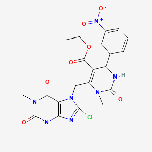 molecular formula C22H22ClN7O7 B15002132 ethyl 6-[(8-chloro-1,3-dimethyl-2,6-dioxo-1,2,3,6-tetrahydro-7H-purin-7-yl)methyl]-1-methyl-4-(3-nitrophenyl)-2-oxo-1,2,3,4-tetrahydropyrimidine-5-carboxylate 