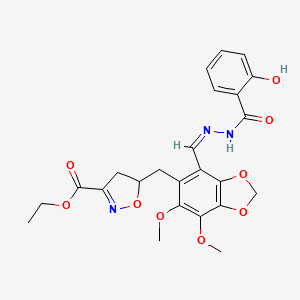 ethyl 5-({4-[(Z)-{2-[(2-hydroxyphenyl)carbonyl]hydrazinylidene}methyl]-6,7-dimethoxy-1,3-benzodioxol-5-yl}methyl)-4,5-dihydro-1,2-oxazole-3-carboxylate