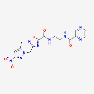 molecular formula C15H15N9O5 B15002934 N-{2-[({3-[(5-methyl-3-nitro-1H-pyrazol-1-yl)methyl]-1,2,4-oxadiazol-5-yl}carbonyl)amino]ethyl}pyrazine-2-carboxamide 