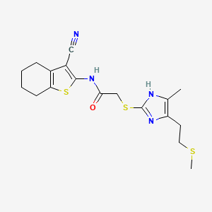 molecular formula C18H22N4OS3 B15003320 N-(3-cyano-4,5,6,7-tetrahydro-1-benzothiophen-2-yl)-2-({4-methyl-5-[2-(methylsulfanyl)ethyl]-1H-imidazol-2-yl}sulfanyl)acetamide 