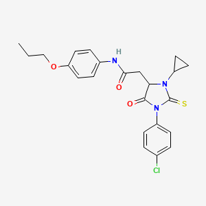 2-[1-(4-chlorophenyl)-3-cyclopropyl-5-oxo-2-sulfanylideneimidazolidin-4-yl]-N-(4-propoxyphenyl)acetamide