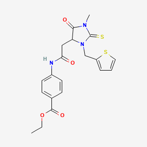 molecular formula C20H21N3O4S2 B15004490 Ethyl 4-({[1-methyl-5-oxo-3-(thiophen-2-ylmethyl)-2-thioxoimidazolidin-4-yl]acetyl}amino)benzoate 