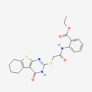 molecular formula C21H21N3O4S2 B15004813 Ethyl 2-({[(4-oxo-1,4,5,6,7,8-hexahydro[1]benzothieno[2,3-d]pyrimidin-2-yl)sulfanyl]acetyl}amino)benzoate 