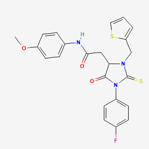 molecular formula C23H20FN3O3S2 B15005090 2-[1-(4-fluorophenyl)-5-oxo-3-(thiophen-2-ylmethyl)-2-thioxoimidazolidin-4-yl]-N-(4-methoxyphenyl)acetamide 