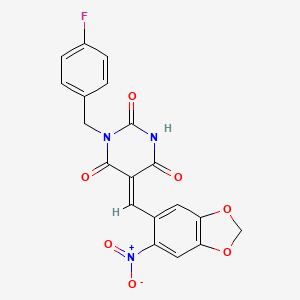 (5E)-1-(4-fluorobenzyl)-5-[(6-nitro-1,3-benzodioxol-5-yl)methylidene]pyrimidine-2,4,6(1H,3H,5H)-trione