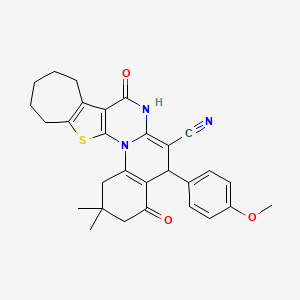 molecular formula C29H29N3O3S B15008216 9-(4-methoxyphenyl)-5,5-dimethyl-7,13-dioxo-22-thia-2,12-diazapentacyclo[12.8.0.02,11.03,8.015,21]docosa-1(14),3(8),10,15(21)-tetraene-10-carbonitrile 