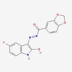 molecular formula C16H10FN3O4 B15008267 N'-[(3E)-5-fluoro-2-oxo-1,2-dihydro-3H-indol-3-ylidene]-1,3-benzodioxole-5-carbohydrazide 