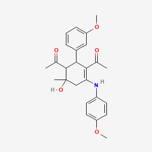 molecular formula C25H29NO5 B15008357 1,1'-{6-Hydroxy-2-(3-methoxyphenyl)-4-[(4-methoxyphenyl)amino]-6-methylcyclohex-3-ene-1,3-diyl}diethanone 