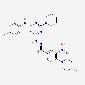 molecular formula C27H32FN9O2 B15008507 N-(4-fluorophenyl)-4-{(2E)-2-[4-(4-methylpiperidin-1-yl)-3-nitrobenzylidene]hydrazinyl}-6-(piperidin-1-yl)-1,3,5-triazin-2-amine 