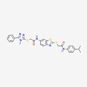 2-[(4-methyl-5-phenyl-4H-1,2,4-triazol-3-yl)sulfanyl]-N-{2-[(2-oxo-2-{[4-(propan-2-yl)phenyl]amino}ethyl)sulfanyl]-1,3-benzothiazol-6-yl}acetamide