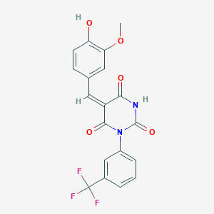 molecular formula C19H13F3N2O5 B15009026 (5E)-5-[(4-hydroxy-3-methoxyphenyl)methylidene]-1-[3-(trifluoromethyl)phenyl]-1,3-diazinane-2,4,6-trione 