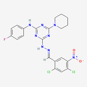 4-[(2E)-2-(2,4-dichloro-5-nitrobenzylidene)hydrazinyl]-N-(4-fluorophenyl)-6-(piperidin-1-yl)-1,3,5-triazin-2-amine