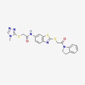 molecular formula C22H20N6O2S3 B15009434 N-(2-{[2-(2,3-dihydro-1H-indol-1-yl)-2-oxoethyl]sulfanyl}-1,3-benzothiazol-6-yl)-2-[(4-methyl-4H-1,2,4-triazol-3-yl)sulfanyl]acetamide 