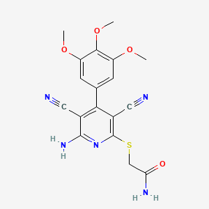 molecular formula C18H17N5O4S B15009672 2-{[6-Amino-3,5-dicyano-4-(3,4,5-trimethoxyphenyl)pyridin-2-yl]sulfanyl}acetamide 