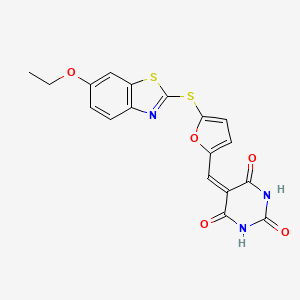 molecular formula C18H13N3O5S2 B15009976 5-({5-[(6-Ethoxy-1,3-benzothiazol-2-YL)sulfanyl]furan-2-YL}methylidene)-1,3-diazinane-2,4,6-trione 