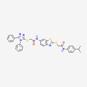 2-[(4,5-diphenyl-4H-1,2,4-triazol-3-yl)sulfanyl]-N-{2-[(2-oxo-2-{[4-(propan-2-yl)phenyl]amino}ethyl)sulfanyl]-1,3-benzothiazol-6-yl}acetamide