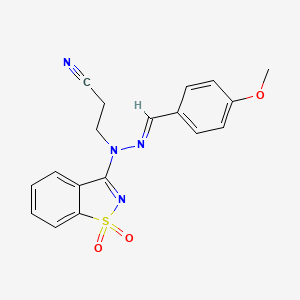 3-[(2E)-1-(1,1-dioxido-1,2-benzothiazol-3-yl)-2-(4-methoxybenzylidene)hydrazinyl]propanenitrile