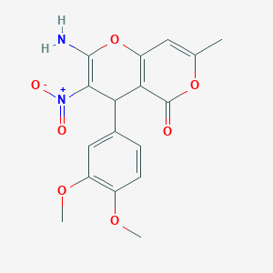 2-amino-4-(3,4-dimethoxyphenyl)-7-methyl-3-nitro-4H,5H-pyrano[4,3-b]pyran-5-one