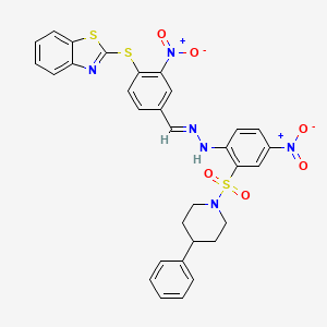 2-({2-nitro-4-[(E)-(2-{4-nitro-2-[(4-phenylpiperidin-1-yl)sulfonyl]phenyl}hydrazinylidene)methyl]phenyl}sulfanyl)-1,3-benzothiazole