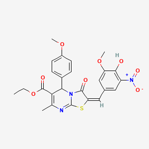 ethyl (2E)-2-(4-hydroxy-3-methoxy-5-nitrobenzylidene)-5-(4-methoxyphenyl)-7-methyl-3-oxo-2,3-dihydro-5H-[1,3]thiazolo[3,2-a]pyrimidine-6-carboxylate