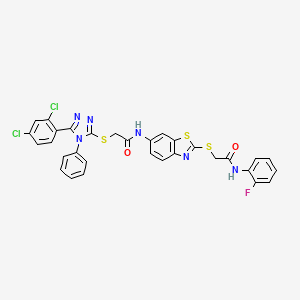 2-{[5-(2,4-dichlorophenyl)-4-phenyl-4H-1,2,4-triazol-3-yl]sulfanyl}-N-[2-({2-[(2-fluorophenyl)amino]-2-oxoethyl}sulfanyl)-1,3-benzothiazol-6-yl]acetamide