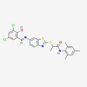 molecular formula C26H23Cl2N3O2S2 B15011516 2-[(6-{[(E)-(3,5-dichloro-2-hydroxyphenyl)methylidene]amino}-1,3-benzothiazol-2-yl)sulfanyl]-N-(2,4,6-trimethylphenyl)propanamide 