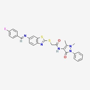 N-(1,5-dimethyl-3-oxo-2-phenyl-2,3-dihydro-1H-pyrazol-4-yl)-2-[(6-{[(E)-(4-iodophenyl)methylidene]amino}-1,3-benzothiazol-2-yl)sulfanyl]acetamide