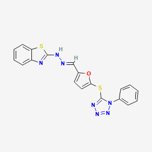 molecular formula C19H13N7OS2 B15012236 2-[(2E)-2-({5-[(1-phenyl-1H-tetrazol-5-yl)sulfanyl]furan-2-yl}methylidene)hydrazinyl]-1,3-benzothiazole 