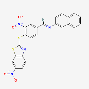 molecular formula C24H14N4O4S2 B15012328 N-[(E)-{3-nitro-4-[(6-nitro-1,3-benzothiazol-2-yl)sulfanyl]phenyl}methylidene]naphthalen-2-amine 