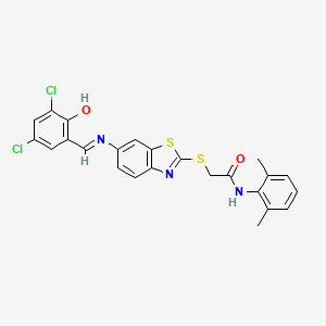 2-[(6-{[(E)-(3,5-dichloro-2-hydroxyphenyl)methylidene]amino}-1,3-benzothiazol-2-yl)sulfanyl]-N-(2,6-dimethylphenyl)acetamide