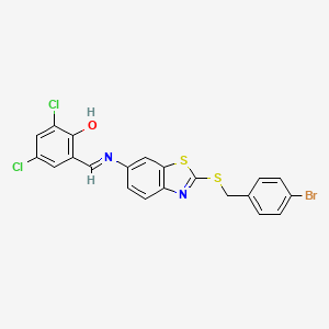 molecular formula C21H13BrCl2N2OS2 B15012631 2-[(E)-({2-[(4-bromobenzyl)sulfanyl]-1,3-benzothiazol-6-yl}imino)methyl]-4,6-dichlorophenol 