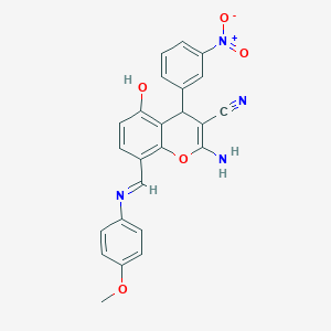 2-Amino-5-hydroxy-8-[(Z)-[(4-methoxyphenyl)imino]methyl]-4-(3-nitrophenyl)-4H-chromene-3-carbonitrile