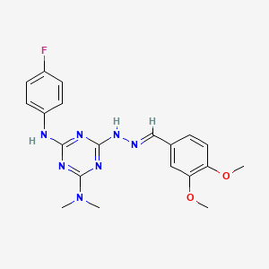 molecular formula C20H22FN7O2 B15013547 6-[(2E)-2-(3,4-dimethoxybenzylidene)hydrazinyl]-N'-(4-fluorophenyl)-N,N-dimethyl-1,3,5-triazine-2,4-diamine 