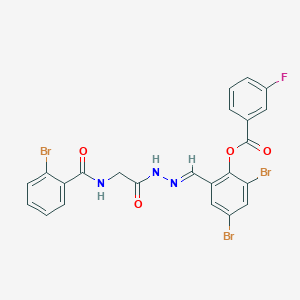 2,4-Dibromo-6-[(E)-({2-[(2-bromophenyl)formamido]acetamido}imino)methyl]phenyl 3-fluorobenzoate