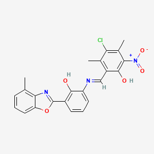 molecular formula C23H18ClN3O5 B15015236 4-chloro-2-[(E)-{[2-hydroxy-3-(4-methyl-1,3-benzoxazol-2-yl)phenyl]imino}methyl]-3,5-dimethyl-6-nitrophenol 