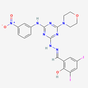 molecular formula C20H18I2N8O4 B15015240 2,4-diiodo-6-[(E)-(2-{4-(morpholin-4-yl)-6-[(3-nitrophenyl)amino]-1,3,5-triazin-2-yl}hydrazinylidene)methyl]phenol 